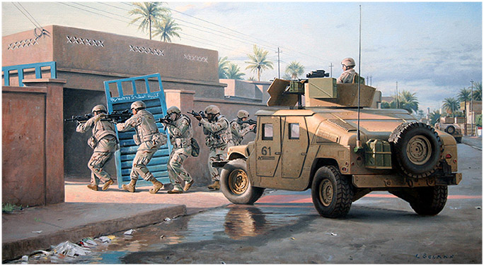 A painting of soldiers moving in the street