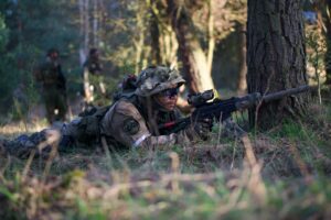 A soldier is laying in the woods with his rifle.