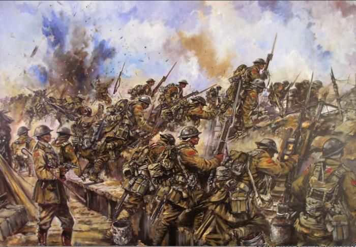 A painting of soldiers in the middle of battle.